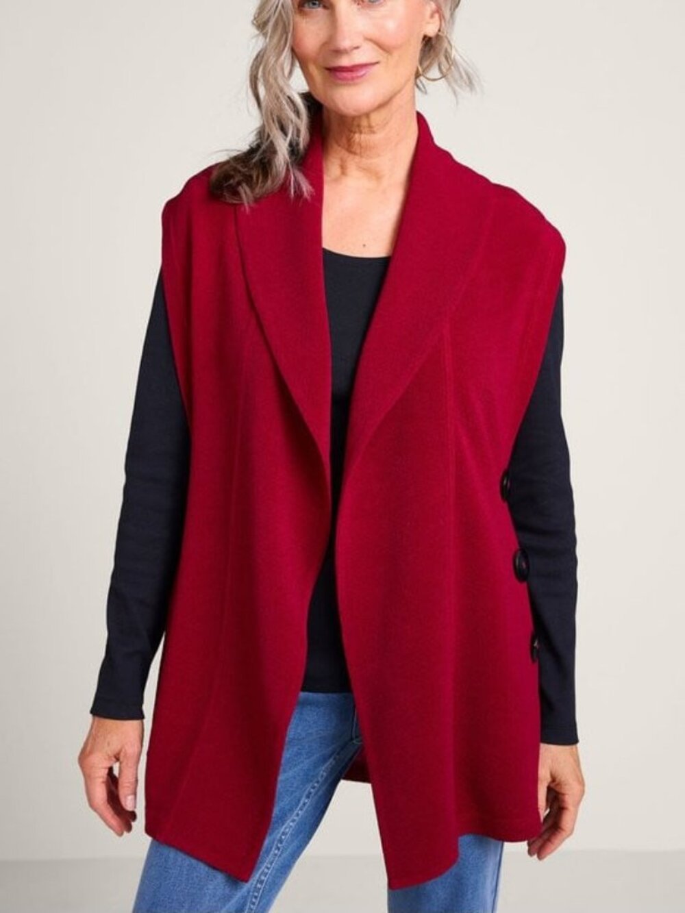 Soft surroundings red jacquard knit vest xs open front coz layering piece
